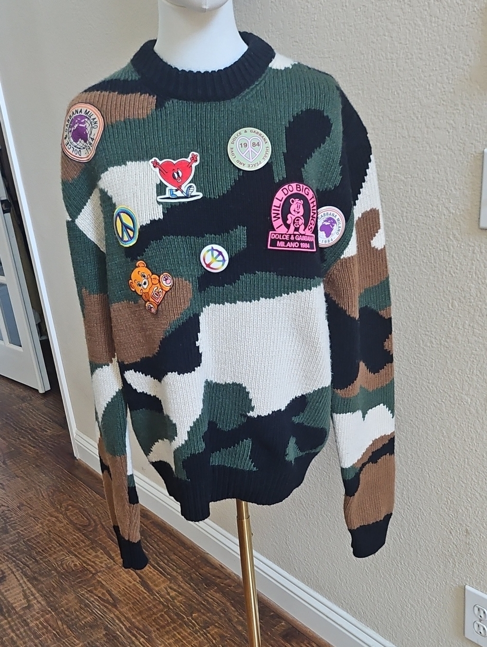 Dolce & Gabbana Camouflage Patch Crewneck Sweater - Green/Black/Cream/Brown